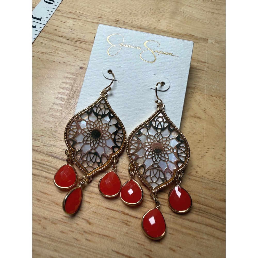 Jessica Simpson Gold Red Teardrop Filigree Dangle Chandelier Earrings Boho Glam